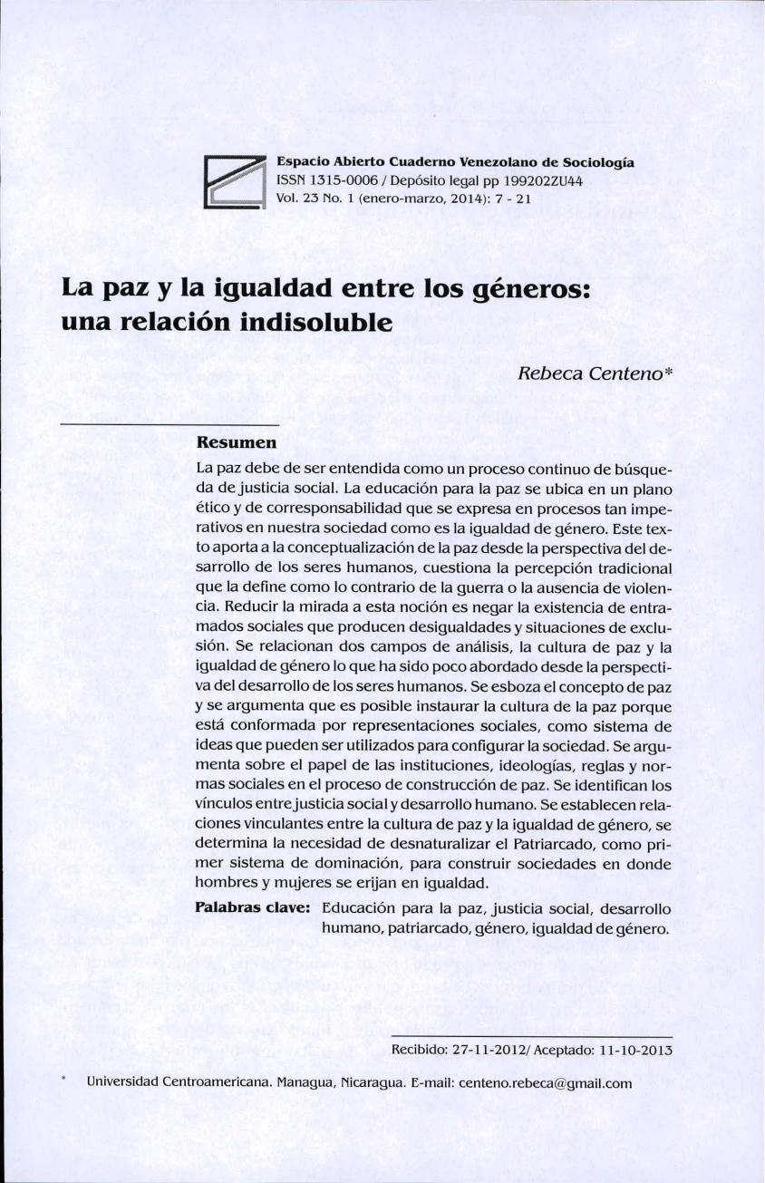 La paz y la igualdad entre los generos: una relacion indisoluble